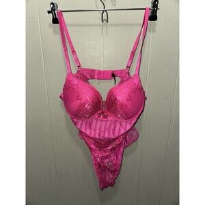 Black Fuchsia Womens Lrg Pink Lace Trim Adjustable Straps Babydoll Lingerie 1pc